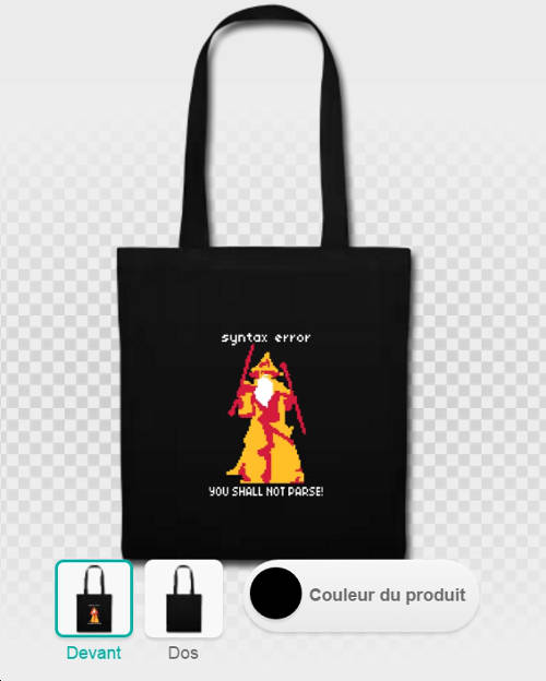 Tote bag humour geek et développeur, Gandalf en pixel art, YOU SHALL NOT PASS et syntax error.