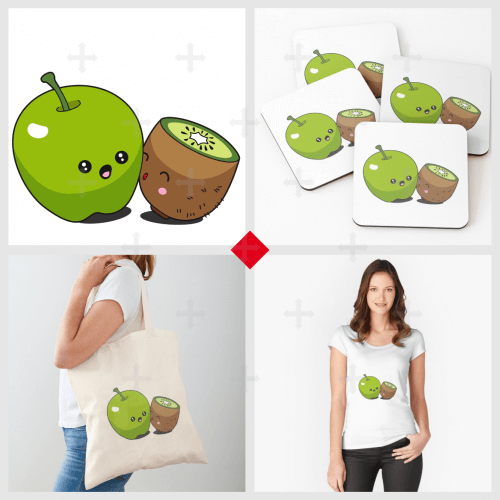 Dessin kawaii original avec un kiwi faisant un bisou sur la joue à une pomme. Design à impriemr sur t-shirt, mug, carnet, sticker etc..